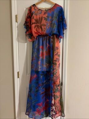 Vestique Blue and Coral Tropical Maxi Dress With Slit NWT